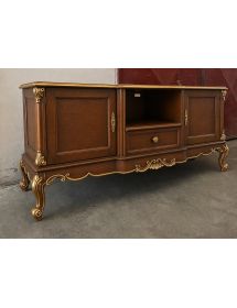 Porta tv 2 ante 1 cassetto barocco Legno noce e oro 174x60x76