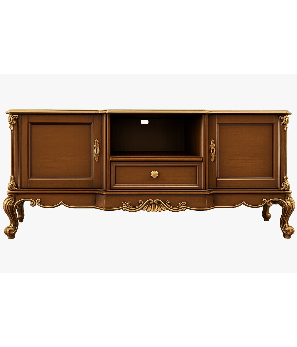 Porta tv 2 ante 1 cassetto barocco Legno noce e oro 174x60x76