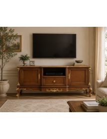 Porta tv 2 ante 1 cassetto barocco Legno noce e oro 174x60x76