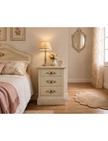 Comodino 3 cassetti legno shabby bianco anticato decori 50x38x65