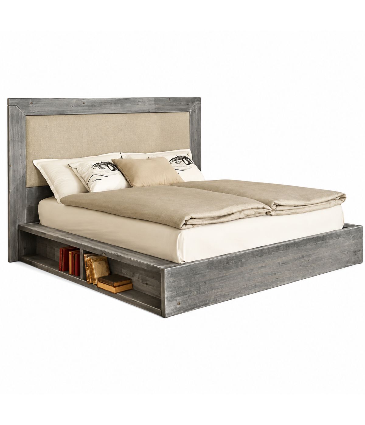 LETTO CORTINA MATRIMONIALE IN LEGNO DI ABETE GRIGIO CON VANI LATERALI