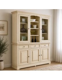 CRISTALLIERA CON VETRINA IN LEGNO 3 ANTE SHABBY CHIC AVORIO ANTICATO L.170 P.46 H.215
