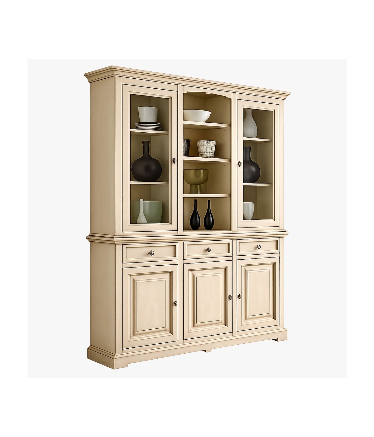CRISTALLIERA CON VETRINA IN LEGNO 3 ANTE SHABBY CHIC AVORIO ANTICATO L.170 P.46 H.215