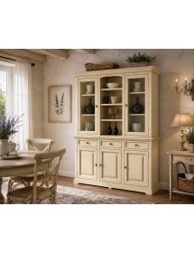 CRISTALLIERA CON VETRINA IN LEGNO 3 ANTE SHABBY CHIC AVORIO ANTICATO L.170 P.46 H.215
