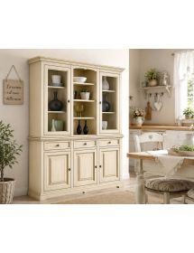 MOBILI 2G - CRISTALLIERA CON VETRINA IN LEGNO 3 ANTE SHABBY CHIC AVORIO ANTICATO L.170 P.46 H.215