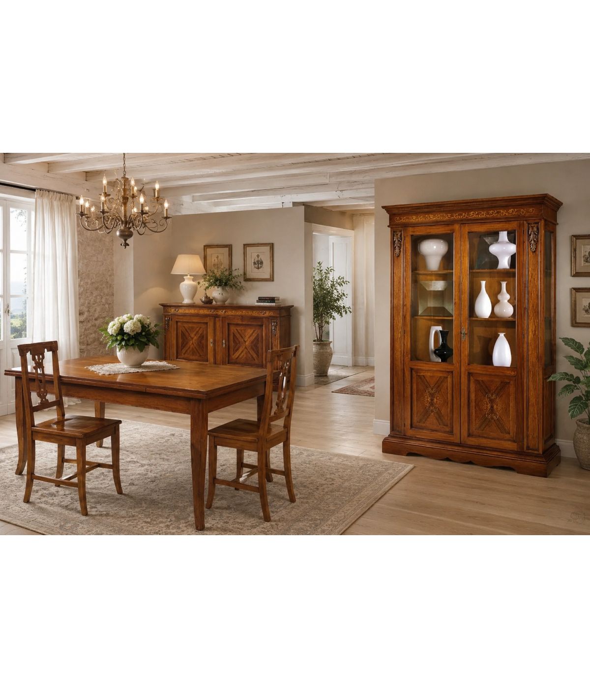Soggiorno credenza contro mobile tavolo sedie arte povera classica