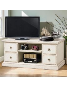 Porta tv 4 cassetti 2 vani a giorno shabby bianco anticato 120x53x53