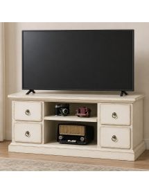 Porta tv 4 cassetti 2 vani a giorno shabby bianco anticato 120x53x53