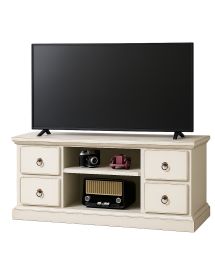 Porta tv 4 cassetti 2 vani a giorno shabby bianco anticato 120x53x53