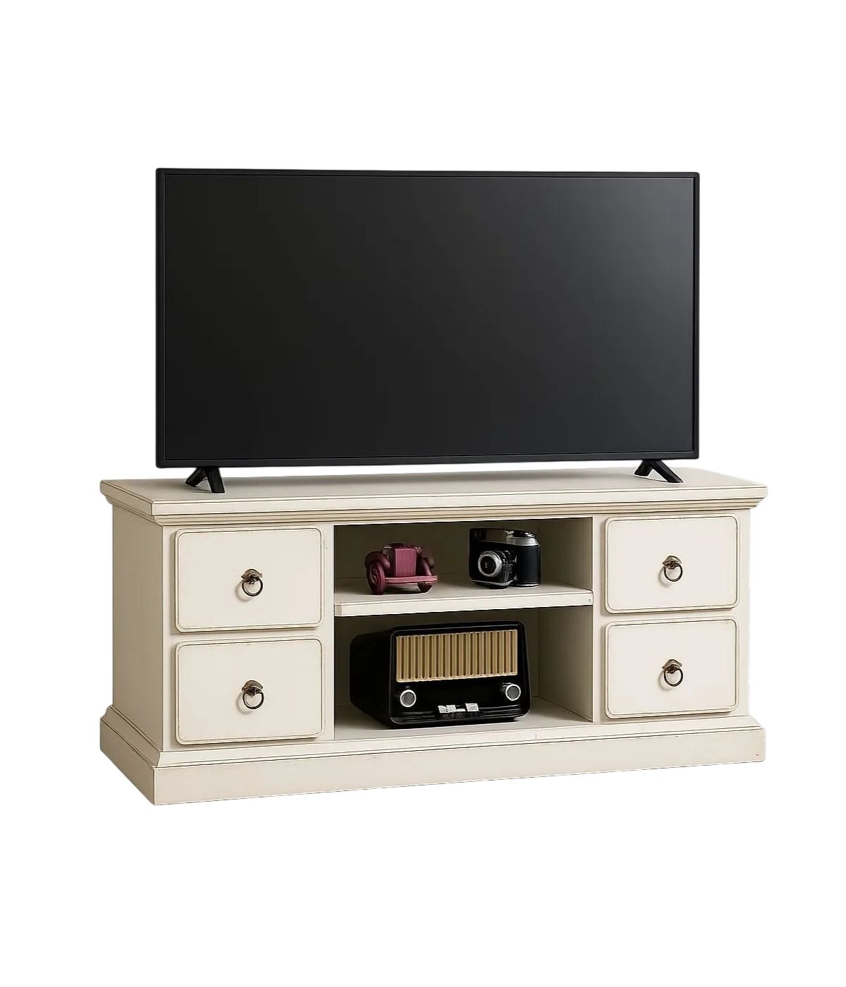 Porta tv 4 cassetti 2 vani a giorno shabby bianco anticato 120x53x53