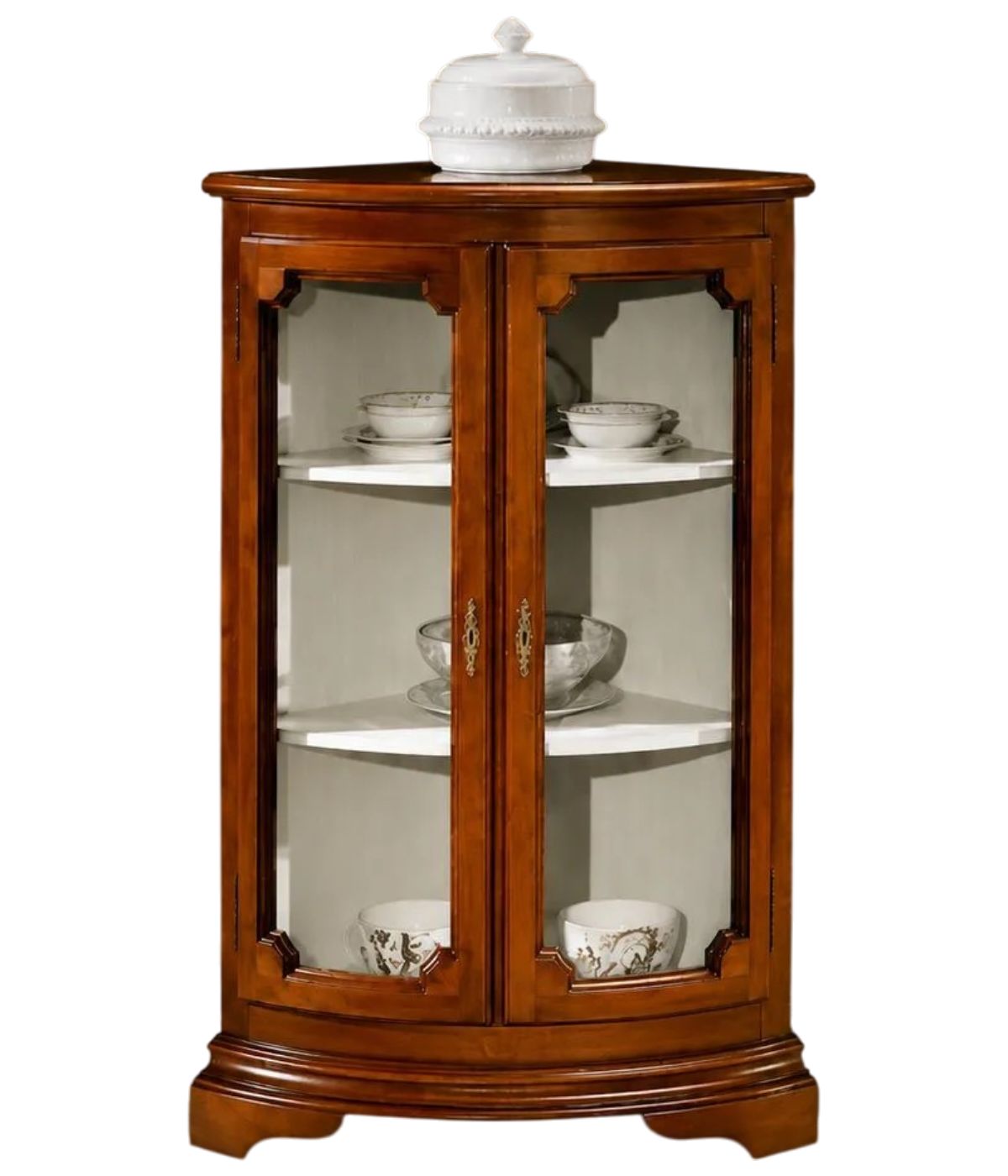 Vetrina ad angolo vetro curvo classica Legno tinta noce 54X54X112