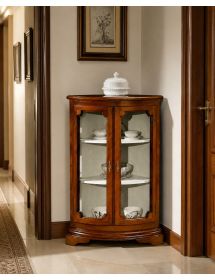 Vetrina ad angolo vetro curvo classica Legno tinta noce 54X54X112