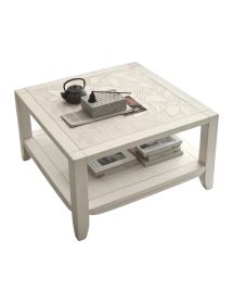 TAVOLINO SHABBY CON DECORO FOGLIA LEGNO MASSELLO BIANCO L.70 P.70 H.40