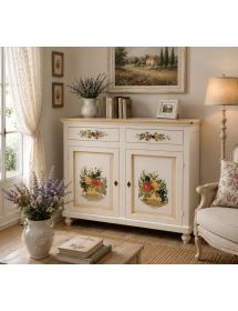 Credenza 2 Ante Legno Bianca Decorata filo ocra 104X43X98