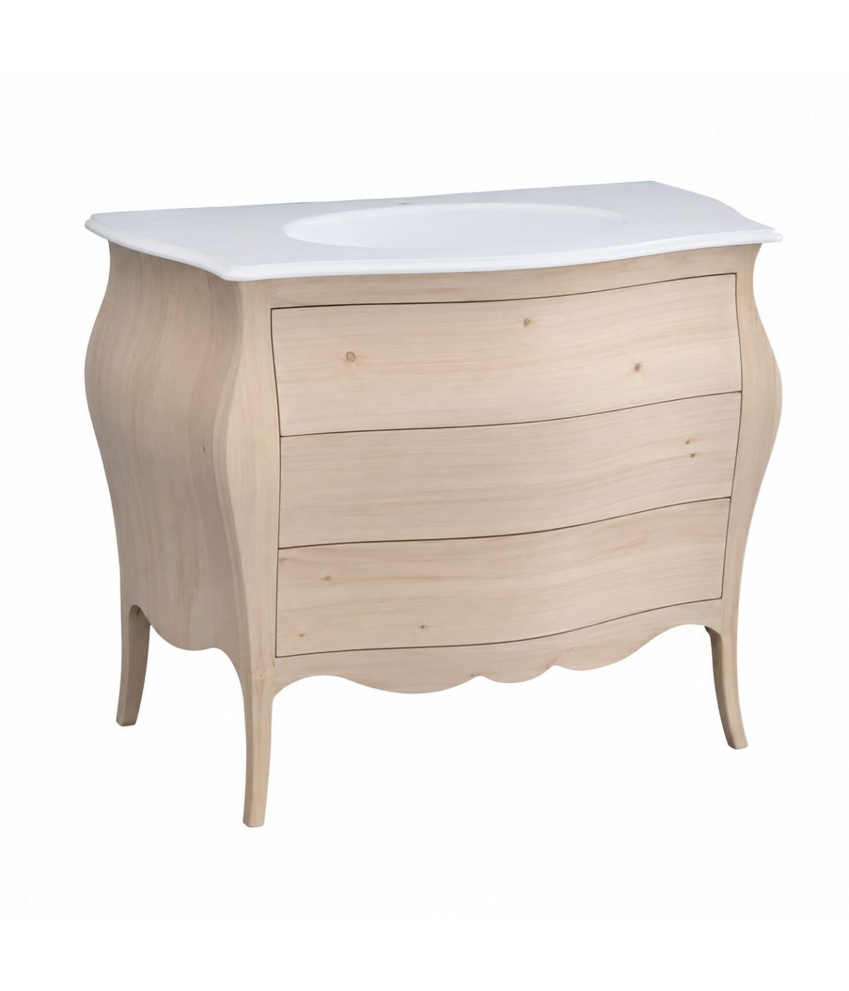 Mobile bagno 3 cassetti bombato con lavello legno grezzo 108x55x82
