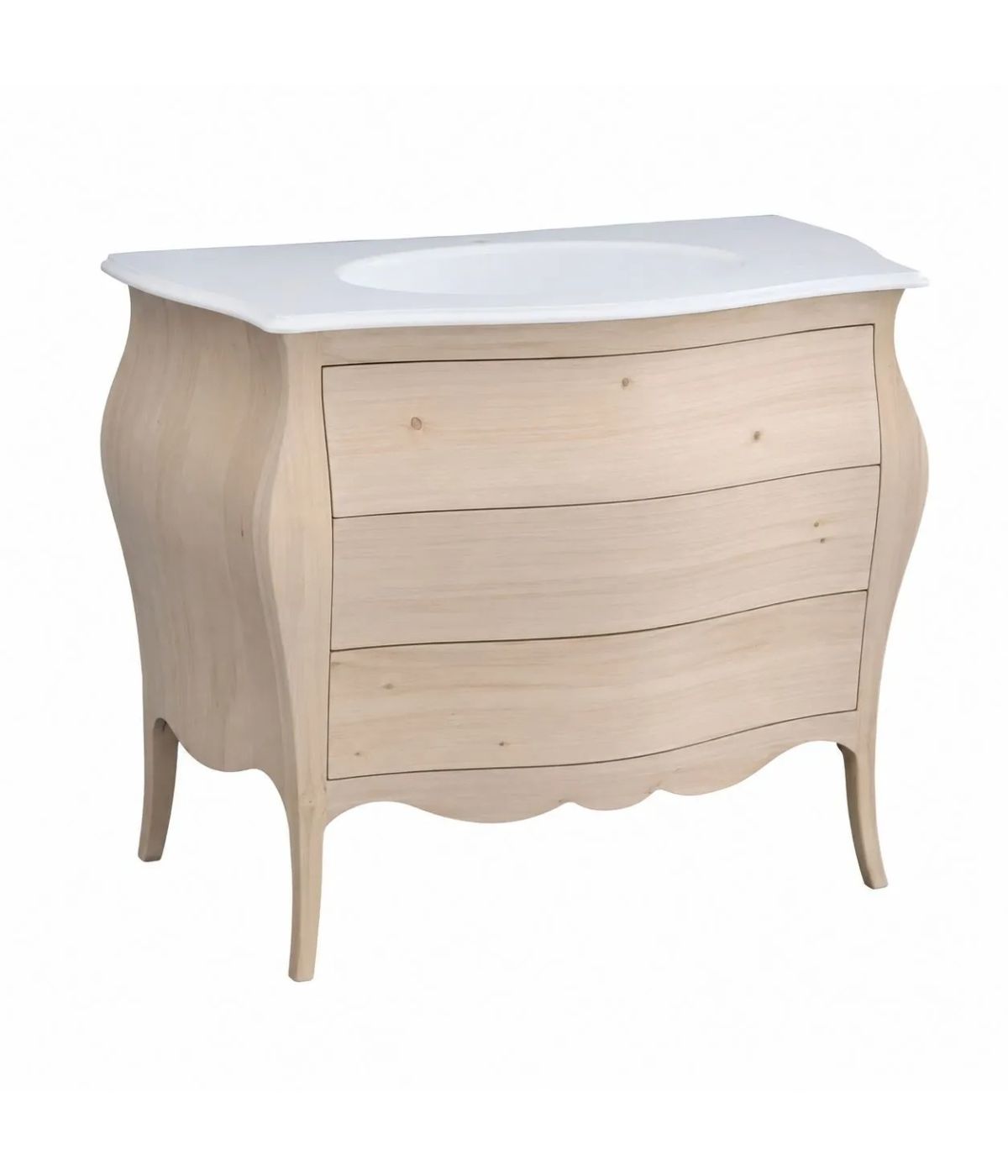 Mobile bagno 3 cassetti bombato con lavello legno grezzo 118x55x82