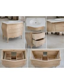 Mobile bagno 3 cassetti bombato con lavello legno grezzo 118x55x82