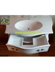 Mobile bagno 3 cassetti bombato con lavello legno grezzo 118x55x82