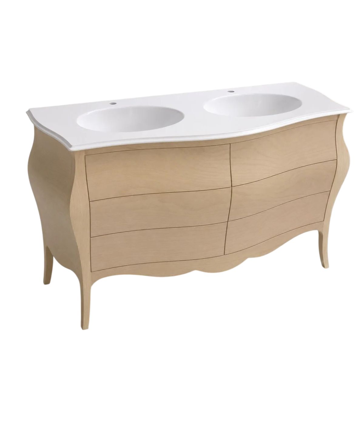 Mobile bagno 6 cassetti bombato con doppio lavello legno grezzo 162x58x83