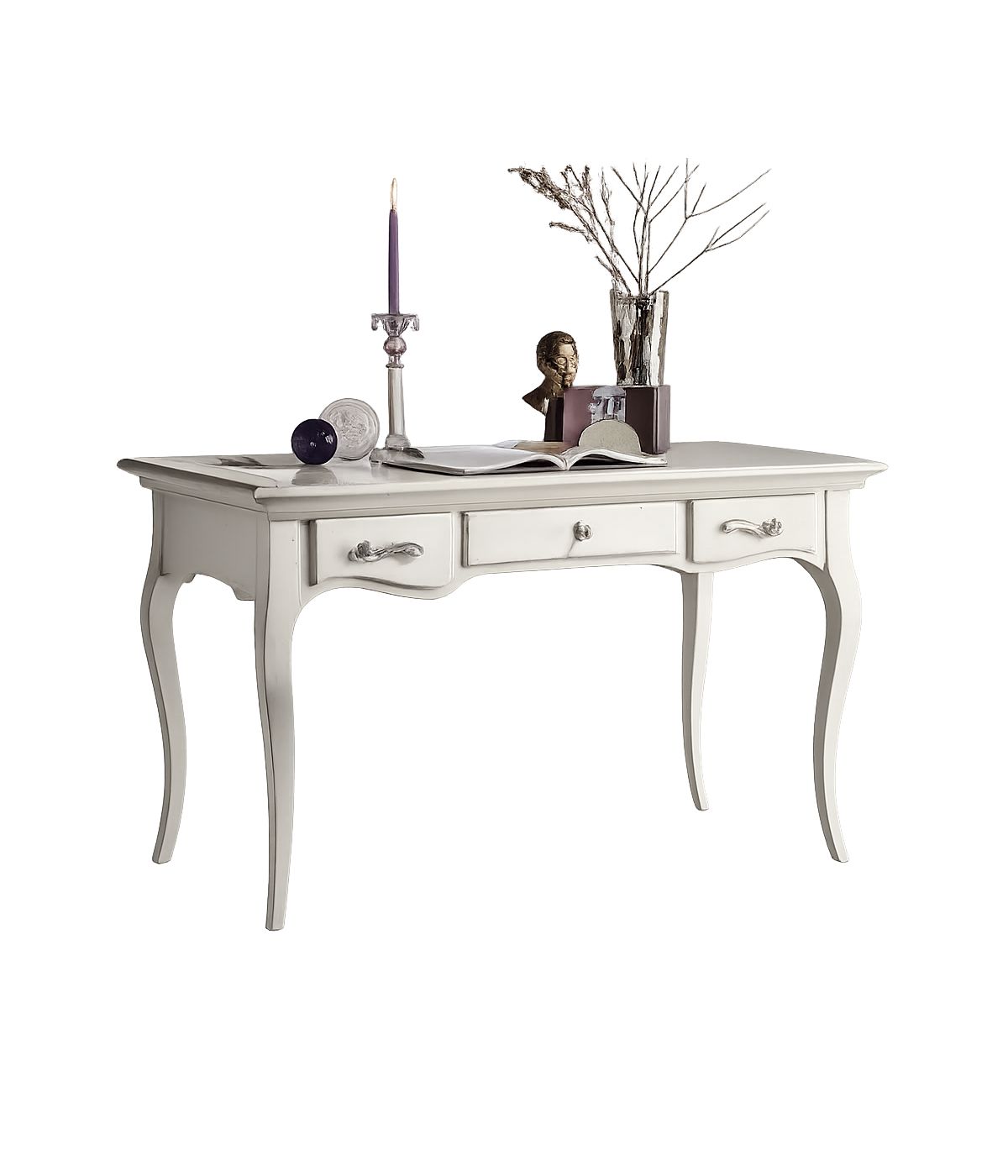 Scrivania classica 3 cassetti legno bianco shabby 130X70x78