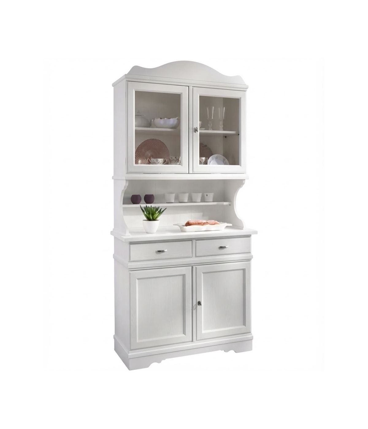 CRISTALLIERA SHABBY IN LEGNO MASSELLO 4 ANTE 2 CASSETTI BIANCO OPACO L.105 P.52 H.210