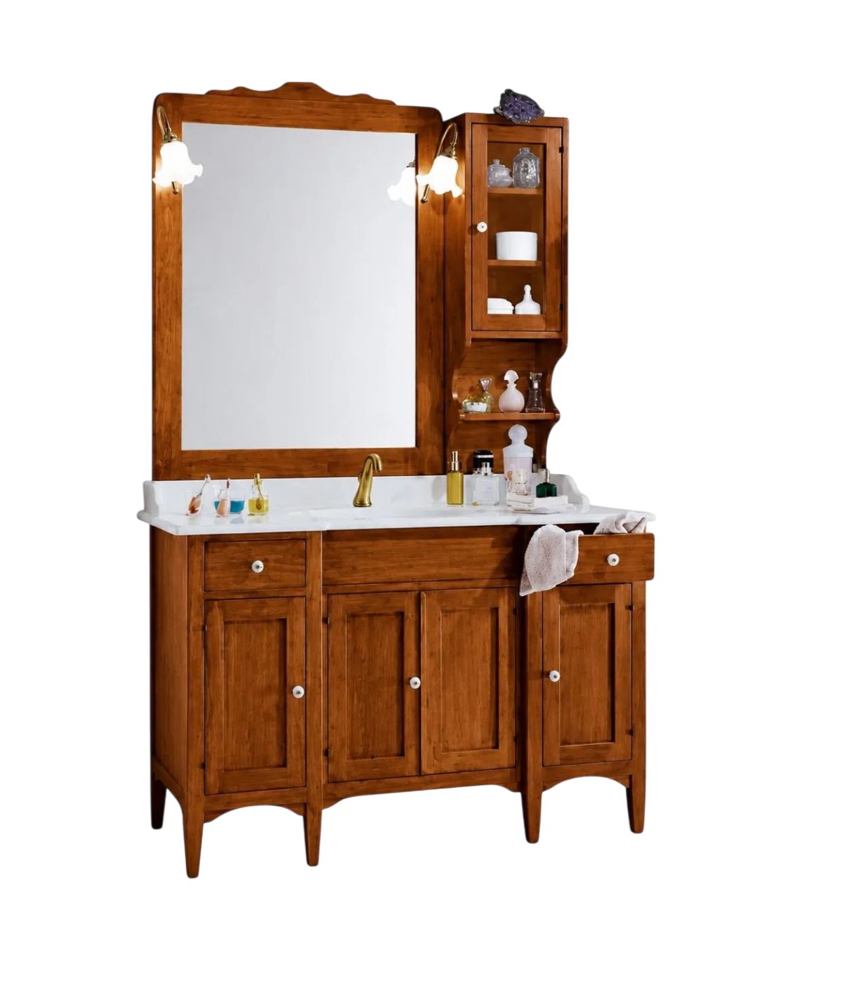 MOBILE BAGNO 129 CM IN LEGNO LAVABO 4 PORTE 2 CASSETTI E SPECCHIO