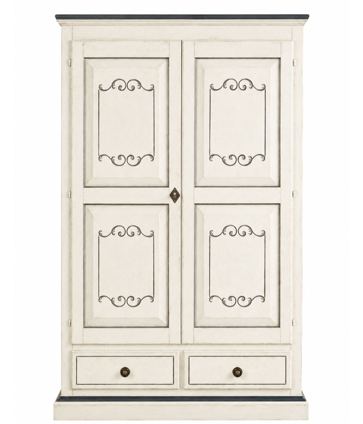 Armadio 2 porte classico legno bianco invecchiato e filetti blu 125x61x200
