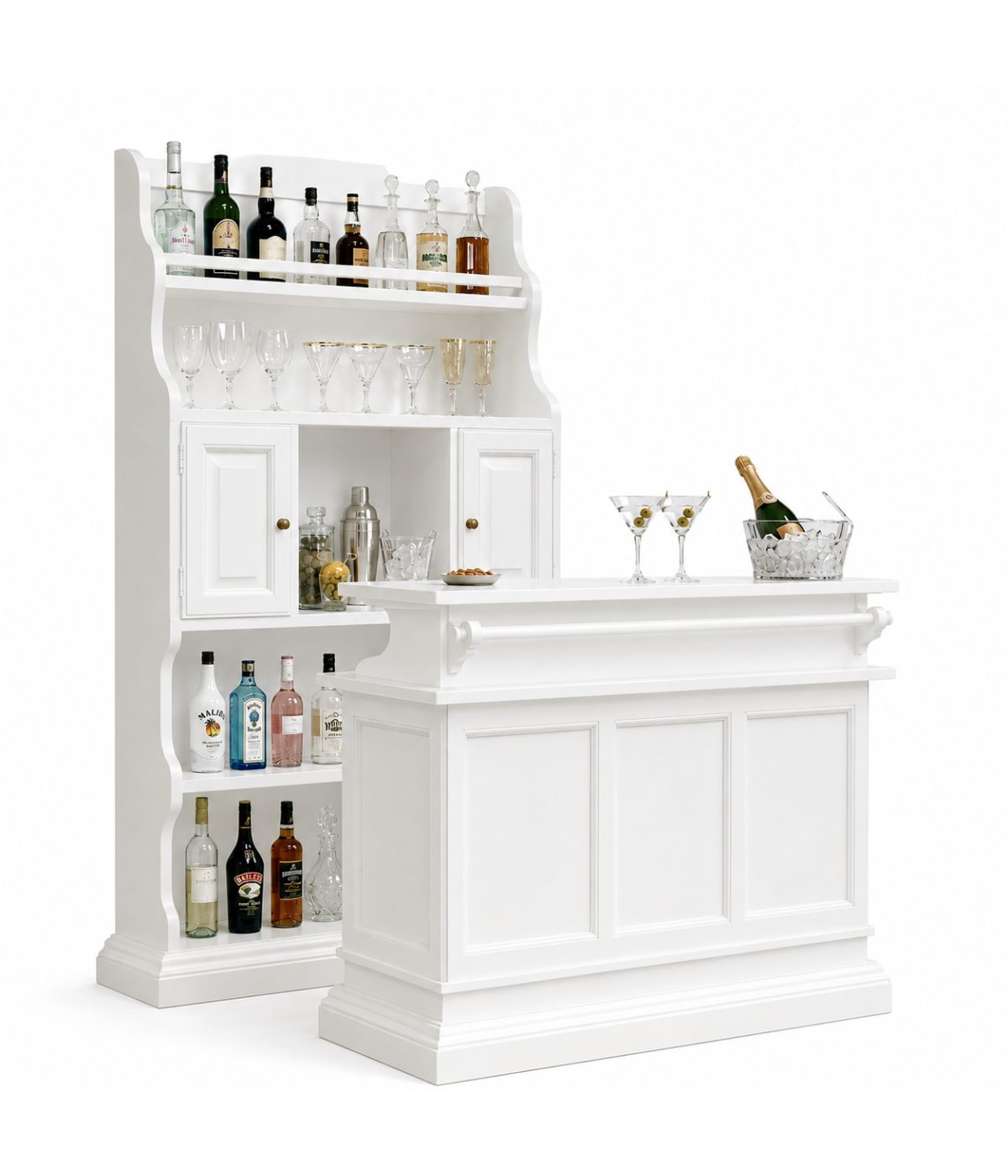 Mobile Bar Classico in Legno Massello Bianco Opaco con Dispensa e Bancone Arte Povera