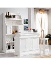 Mobile Bar Classico in Legno Massello Bianco Opaco con Dispensa e Bancone Arte Povera