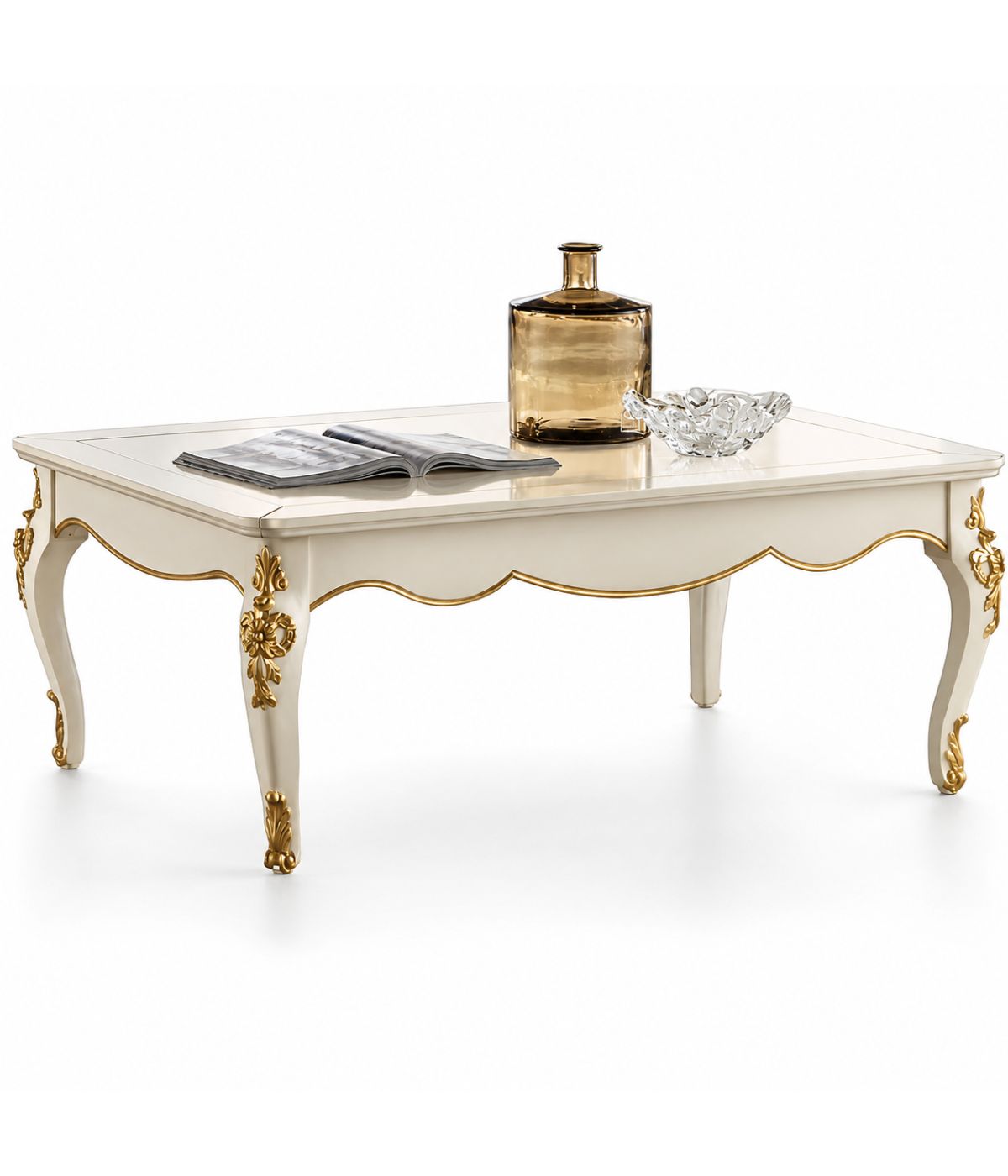 MOBILI 2G - TAVOLINO SHABBY IN LEGNO BIANCO/DECORI ORO L.120 P.80 H.48