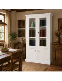 Vetrina Libreria 2 Porte in Legno Bianco Opaco - Stile Arte Povera / Classico 105x40x185 cm