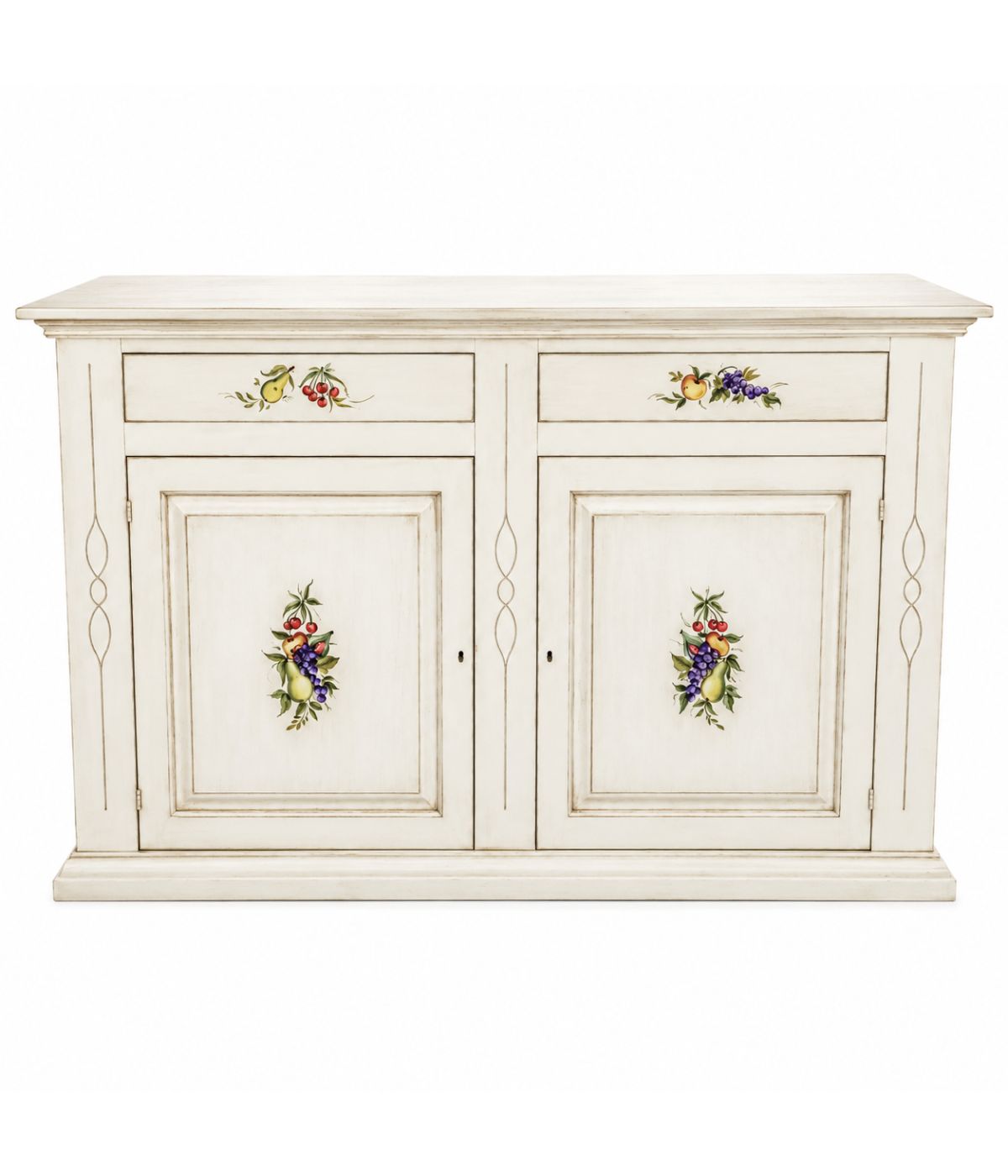 CREDENZONE IN LEGNO BIANCO INVECCHIATO CON DECORI MISURA L.177 P.48 H.110