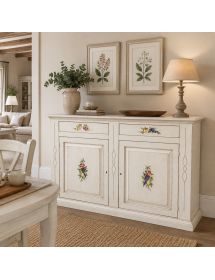 CREDENZONE IN LEGNO BIANCO INVECCHIATO CON DECORI MISURA L.177 P.48 H.110