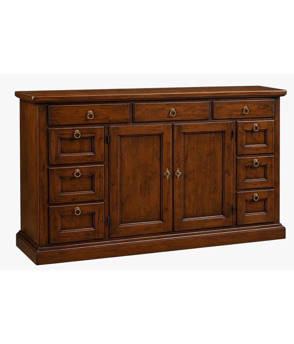 Madia Credenza in Legno Massello Tinta Noce 2 Ante 9 Cassetti 160x45x95 cm