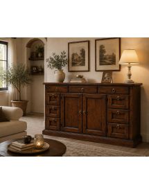 Madia Credenza in Legno Massello Tinta Noce 2 Ante 9 Cassetti 160x45x95 cm