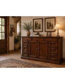 Madia Credenza in Legno Massello Tinta Noce 2 Ante 9 Cassetti 160x45x95 cm
