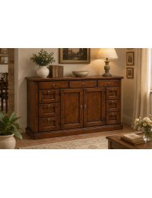 Madia Credenza in Legno Massello Tinta Noce 2 Ante 9 Cassetti 160x45x95 cm