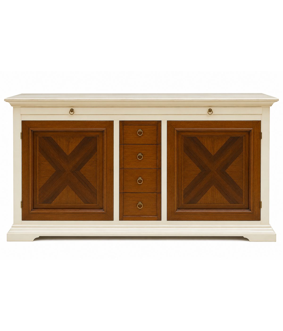 MADIA CREDENZA 2 ANTE 6 CASSETTI IN LEGNO AVORIO/NOCE L.210 P.53 H. 115