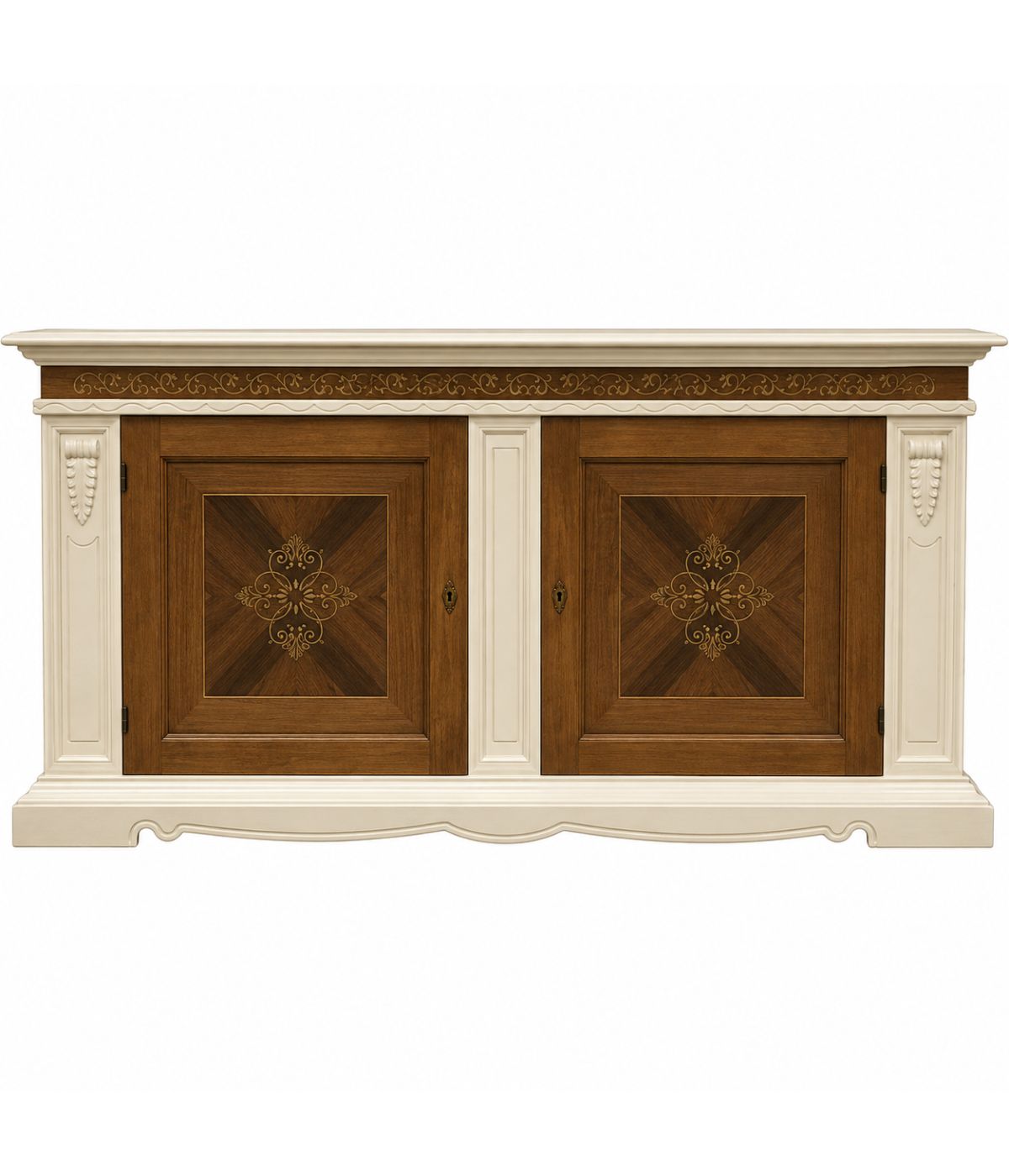 Credenzone Classico 2 Ante Legno Bianco e Noce Intarsiato 214x55x109 cm