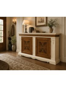 Credenzone Classico 2 Ante Legno Bianco e Noce Intarsiato 214x55x109 cm