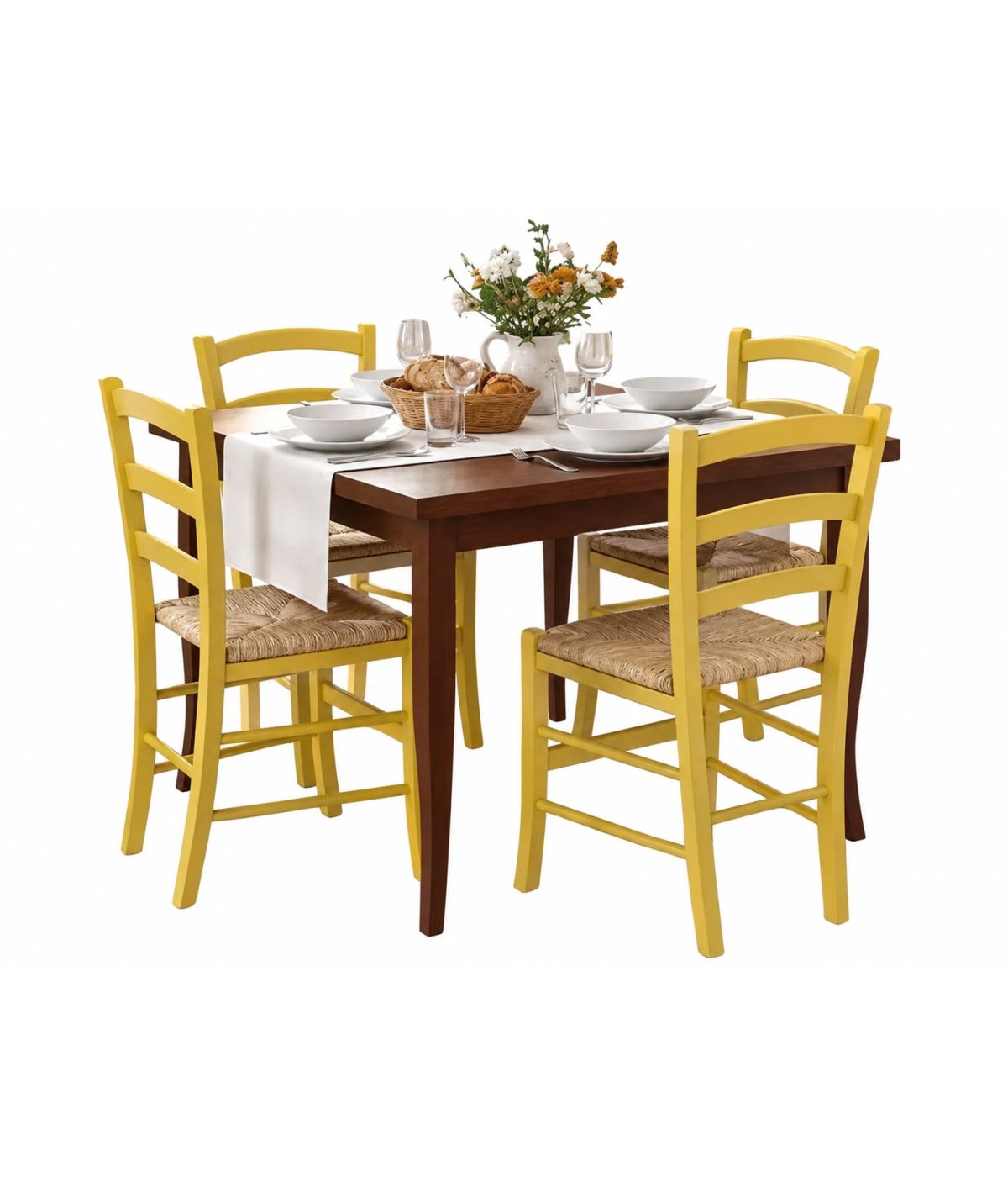 Set tavolo quadrato a libro noce 90x90 100x100 allungabile con 4 sedie gialle