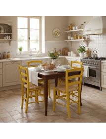 Set tavolo quadrato a libro noce 90x90 100x100 allungabile con 4 sedie gialle