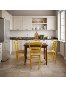 Set tavolo quadrato a libro noce 90x90 100x100 allungabile con 4 sedie gialle