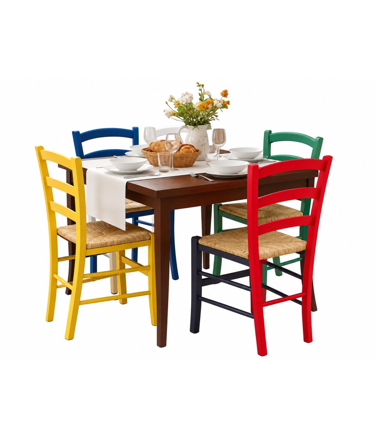 Set Tavolo Quadrato a Libro Noce Allungabile 90x90 / 100x100 con 4 Sedie Colorate