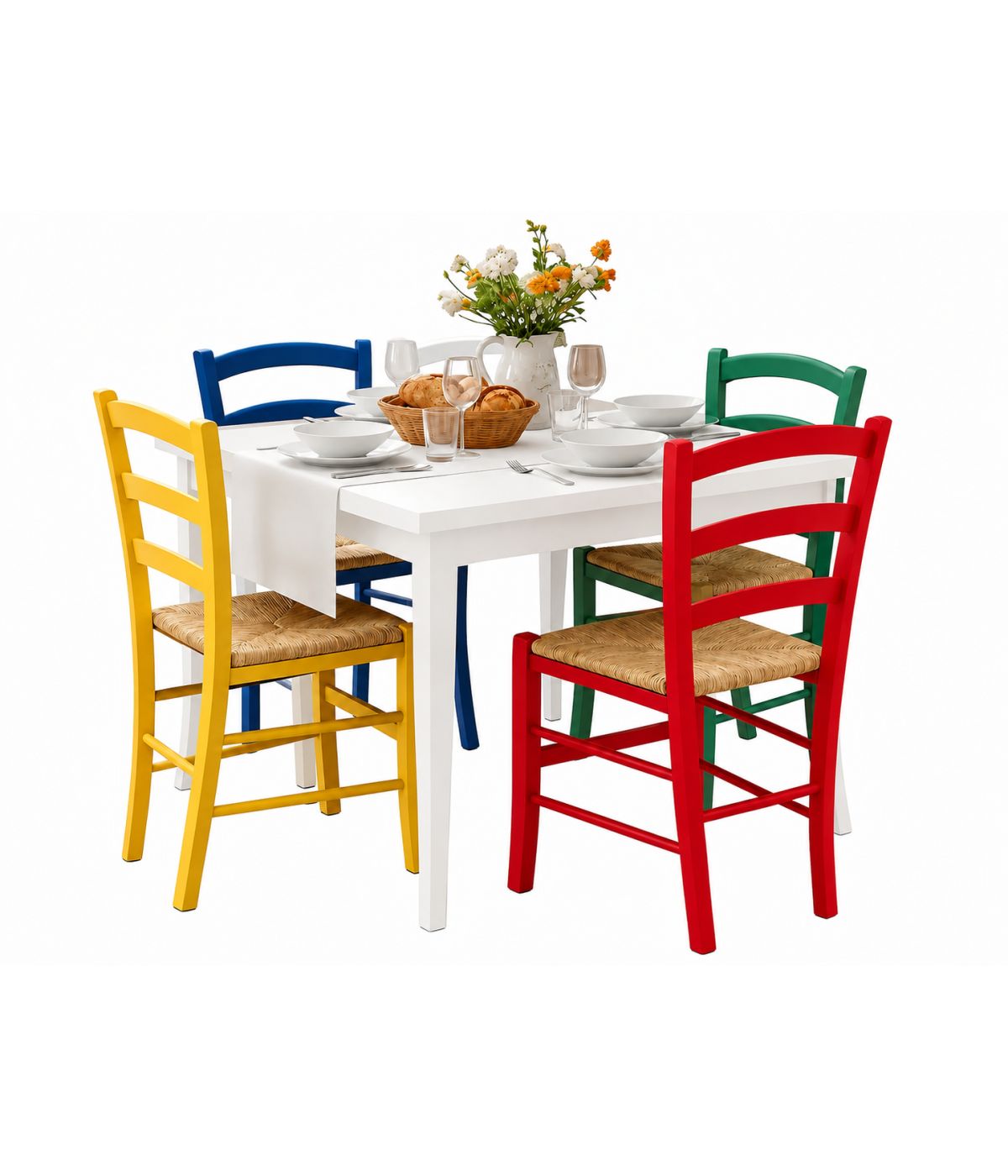 Set Tavolo Quadrato a Libro bianco Allungabile 90x90 / 100x100 con 4 Sedie Colorate