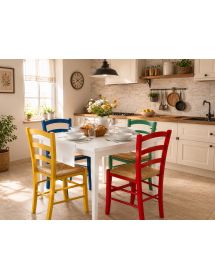 Set Tavolo Quadrato a Libro bianco Allungabile 90x90 / 100x100 con 4 Sedie Colorate