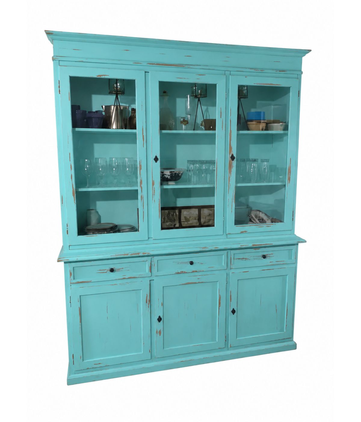 Cristalliera 3 porte legno shabby azzurro consumato 156X42X205