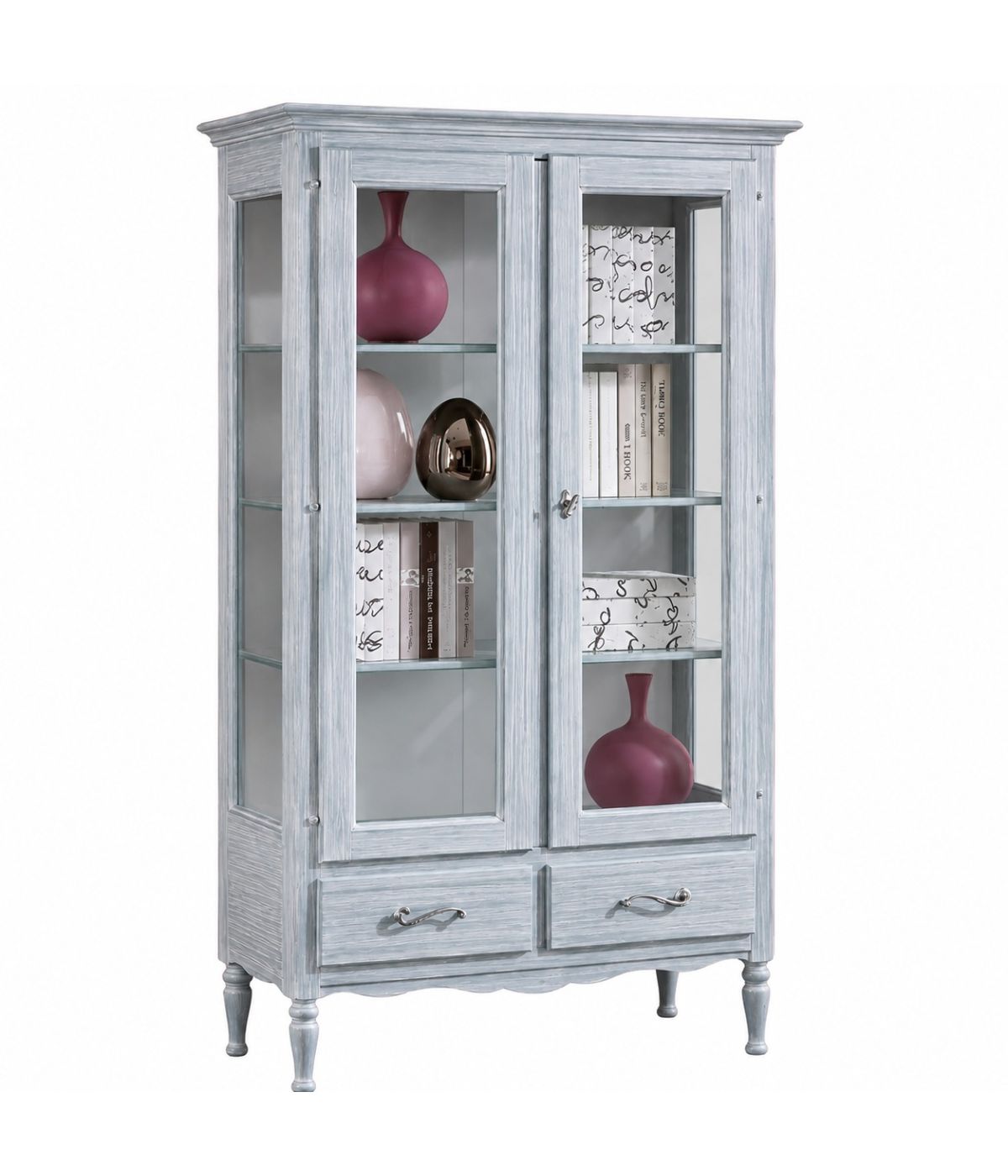 VETRINA 2 PORTE 2 CASSETTI IN LEGNO SHABBY AZZURRO L.102 P.42 H.191