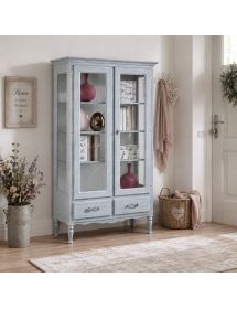VETRINA 2 PORTE 2 CASSETTI IN LEGNO SHABBY AZZURRO L.102 P.42 H.191