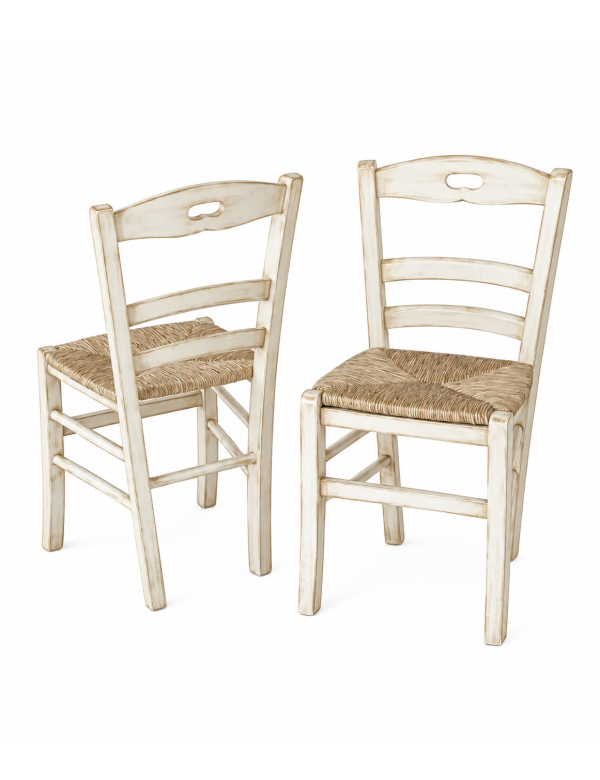 Set 2 sedie legno shabby bianco anticato seduta paglia 43x46x89